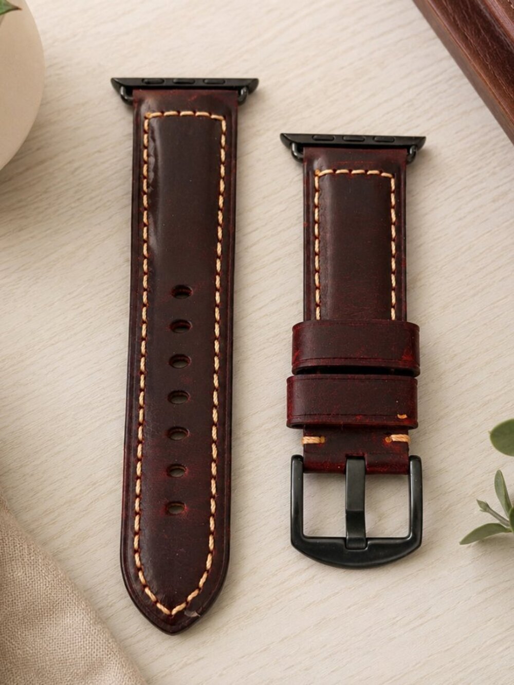 Genuine Leather Apple Watch Band 24 Brown Distressed Strap Black Hardware - Picture 2 of 8